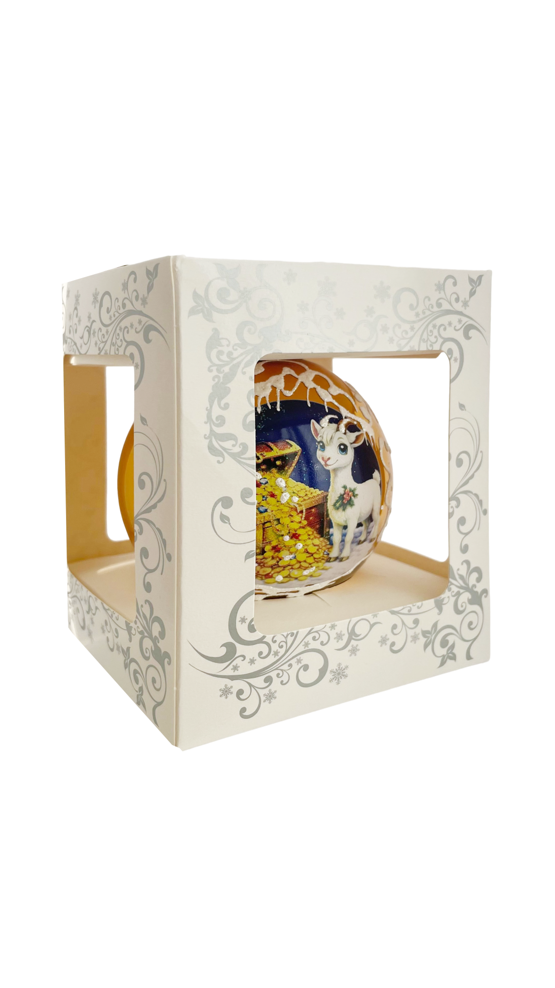 Козлик с сундуком, шар 8 см, золотой глянец